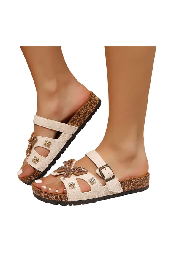 Rhinestones Butterfly Slip on Sandals for Women 2025 Beach Sparkly Cork Footbed Dress Walking Slides Slippers