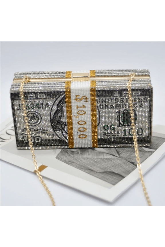 Rhinestones Dollar Bill Design Clutch Handbags With Shoulder Chain For All Occasions. Free Shipping