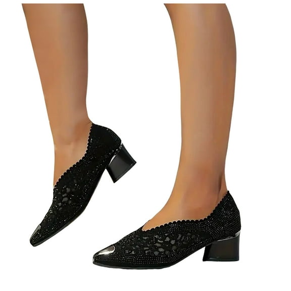 Rhinestones Dress Shoes for Women Bride Wedding Sexy Sparkly Lace Metallic Pointed Toe Chunky High Heels Bridal Pumps White Black