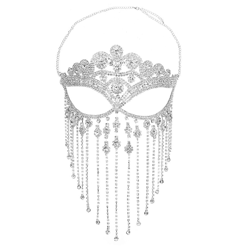 Rhinestone Tassel Mask Fashion Masquerade Face Decoration Exaggerated Diamond Hair Accessories for Women Silver F
