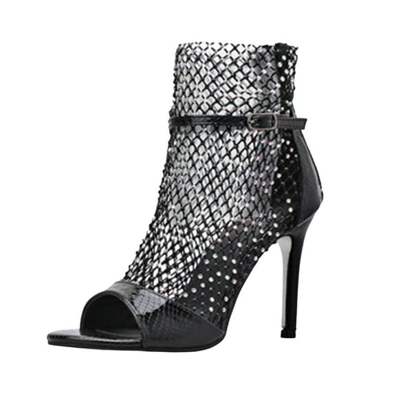 Rhinestones Fishnet Stiletto High Heels Sandals for Women Roman Metallic Mesh Peep Toe Dress Pumps Summer Shoes