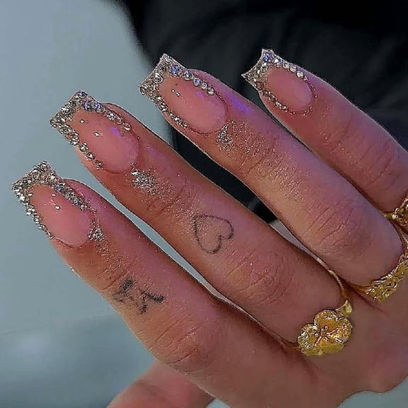 Rhinestones French Tip Press On Nails Square Shape False Nails Set 24 Pcs Acrylic Artificial Fingernails For Women