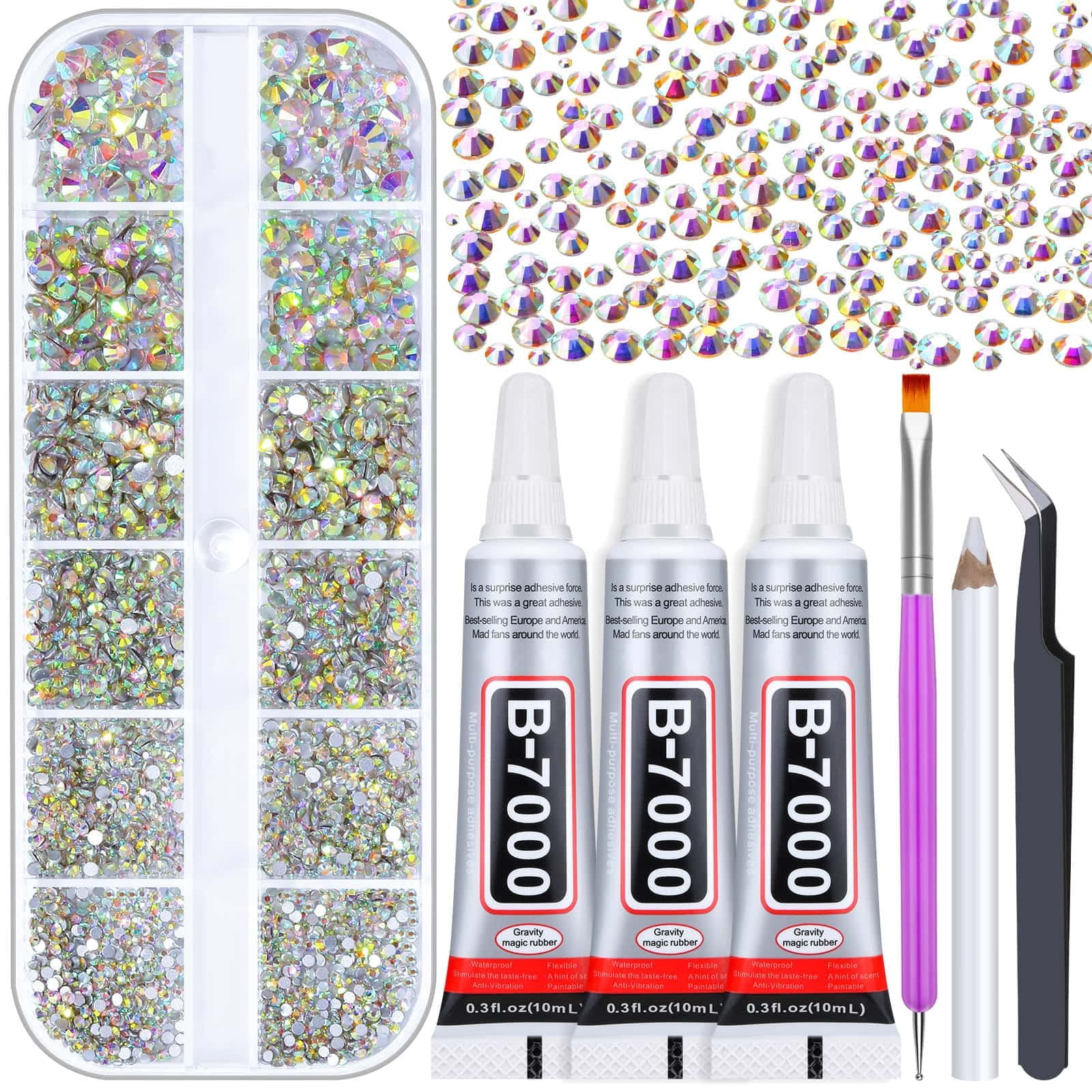 Rhinestones Glue for Fabric, 2100Pcs Craft Rhinestones Flatback with B7000 Glue Adhesive, Glass