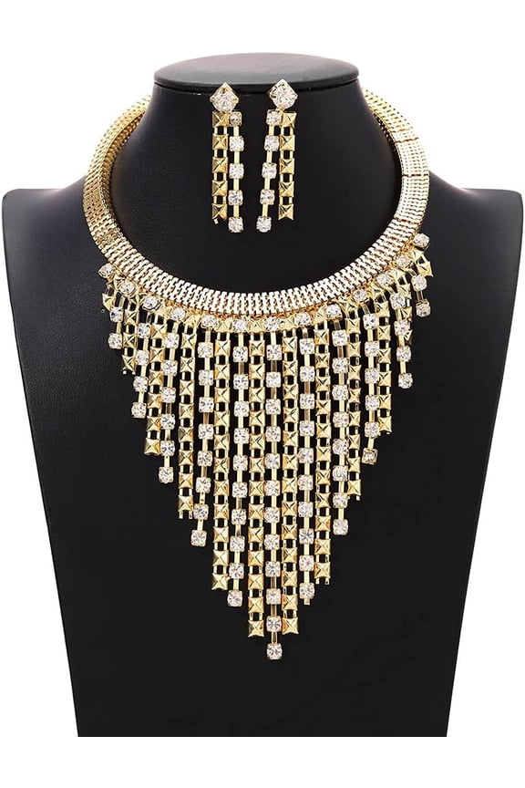 Rhinestones Gold Choker Necklace Tassels Ethnic Chunky Collar Necklaces Rhinestones Bib Torque Tribal Statement Necklace Costume African Jewelry For Women[Z4077]