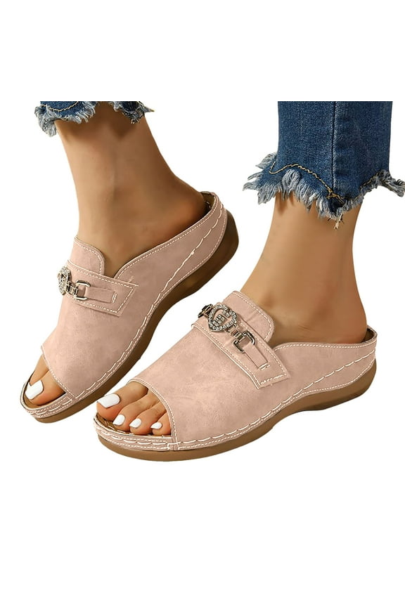 Rhinestones Heart Mules Sandals for Women 2025 Vintage Leather Peep Toe Wedge Clogs Slippers Dress Slides