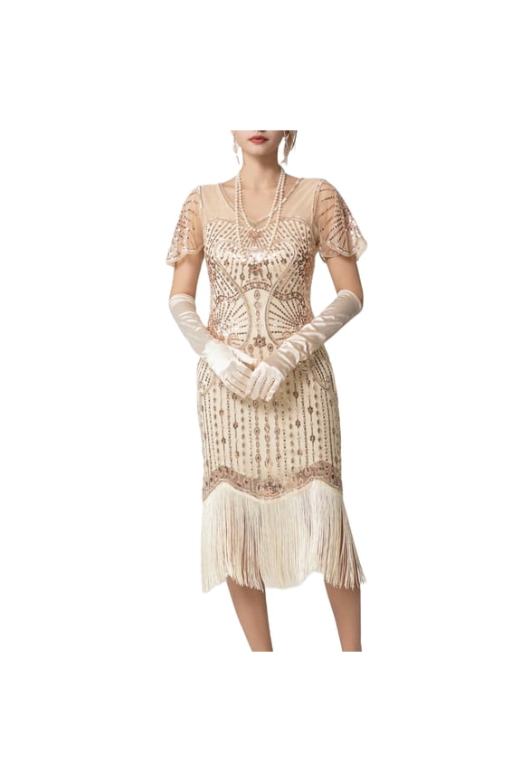 Rhinestones Layered Fringe Dress Ballroom Latin Dance Dress for Women Tiered Tassel Flapper Dresses Dancing Costume Beige M