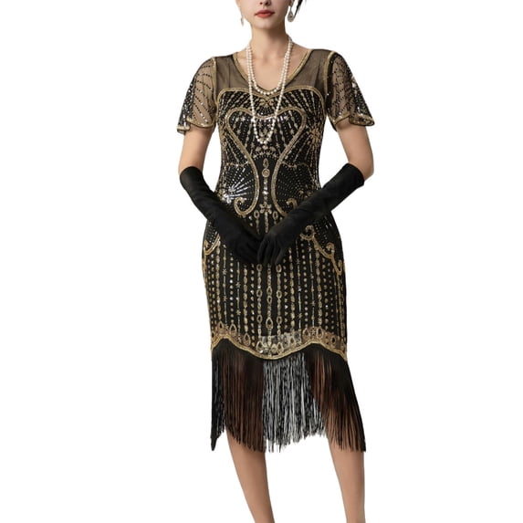 Rhinestones Layered Fringe Dress Ballroom Latin Dance Dress for Women Tiered Tassel Flapper Dresses Dancing Costume Black L