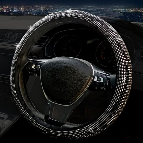 Rhinestones Leather Steering Wheel Covers Women 15 Inch Universal Bling Crystal Steering Wheel Cover Protector Car Accessory, Black