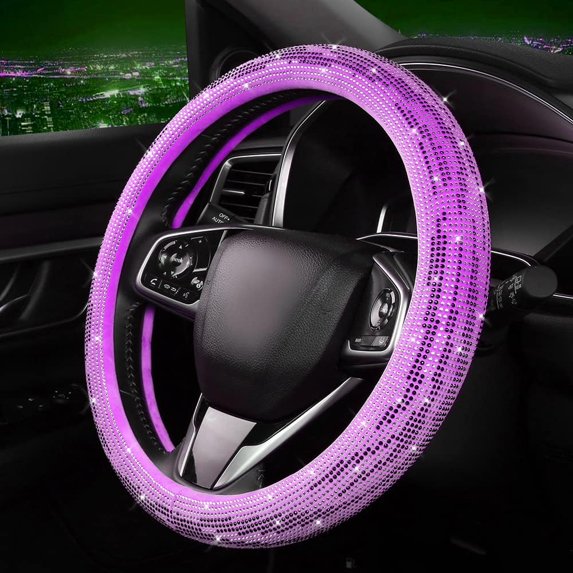 Rhinestones Leather Steering Wheel Covers Women 15 Inch Universal Bling Crystal Steering Wheel Cover Protector Car Accessory, Purple