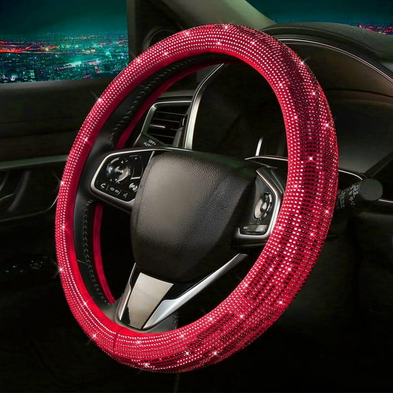 Rhinestones Leather Steering Wheel Covers Women 15 Inch Universal Bling Crystal Steering Wheel Cover Protector Car Accessory, Red