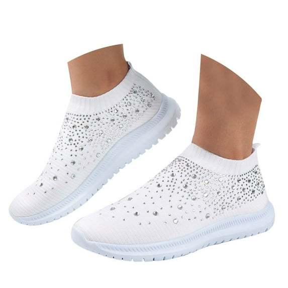 Rhinestones Mesh Slip on Walking Shoes for Women Fashion Breathable Glitter Fitness Gym Workout Work Sneakers