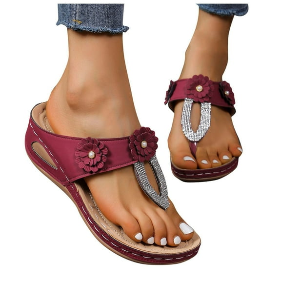 Rhinestones Orthopedic Wedge Slide Sandals for Women with Arch Support Comfort Dress Flip Flop Slip on Shoes