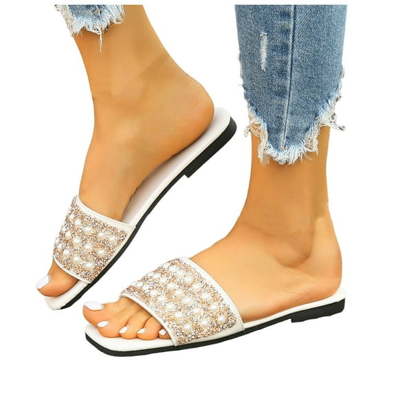 Rhinestones Pearl Slip on Dress Sandals for Women 2025 Wedding Sparkly Square Open Toe Dressy Slides Bride
