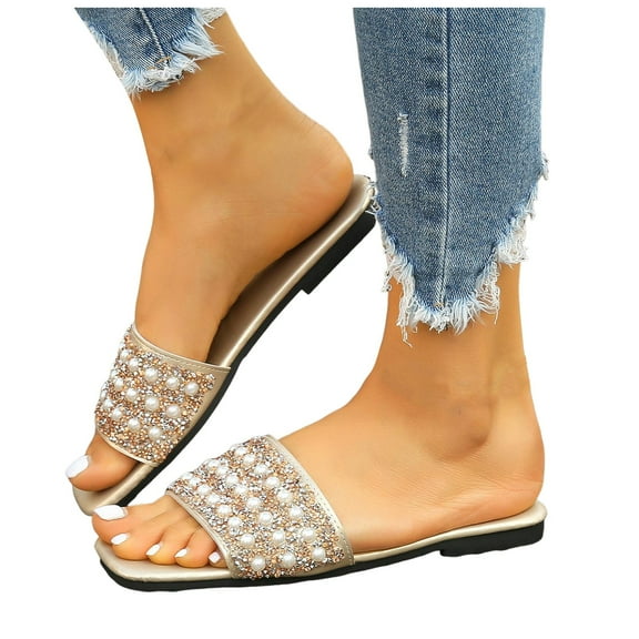 Rhinestones Pearl Slip on Dress Sandals for Women 2025 Wedding Sparkly Square Open Toe Dressy Slides Bride
