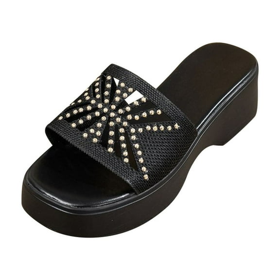 Rhinestones Platform Slides Sandals for Women Summer Casual Square Toe Wedge Sandals Indoor Outdoor Slip-on Open Toe Beach Slipper Black Women Sandal