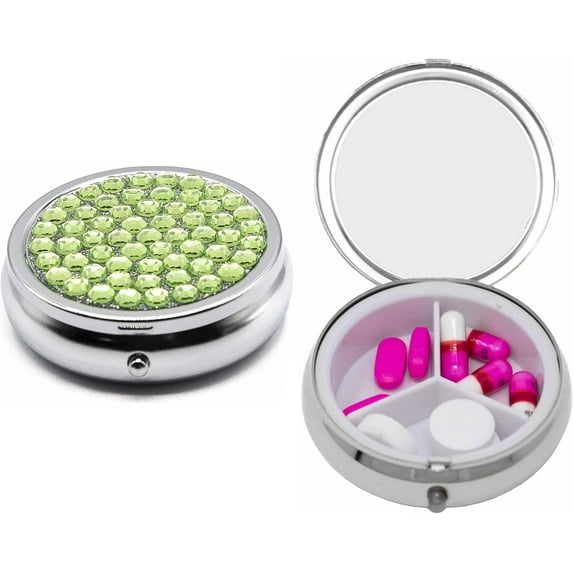 Set of 2 Circular Triple-Compartment Pocket Purse Pill Box & Organizer With Insert (Peridot Gemstones)