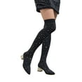 thumbnail image 1 of Rhinestones Sparkly Thigh High Boots for Women Bride Wedding Glitter Slip on Socks Knit Pointed Toe Silver Chunky Mid Heel over The Knee Long Tall Dress Boots Black, 1 of 6