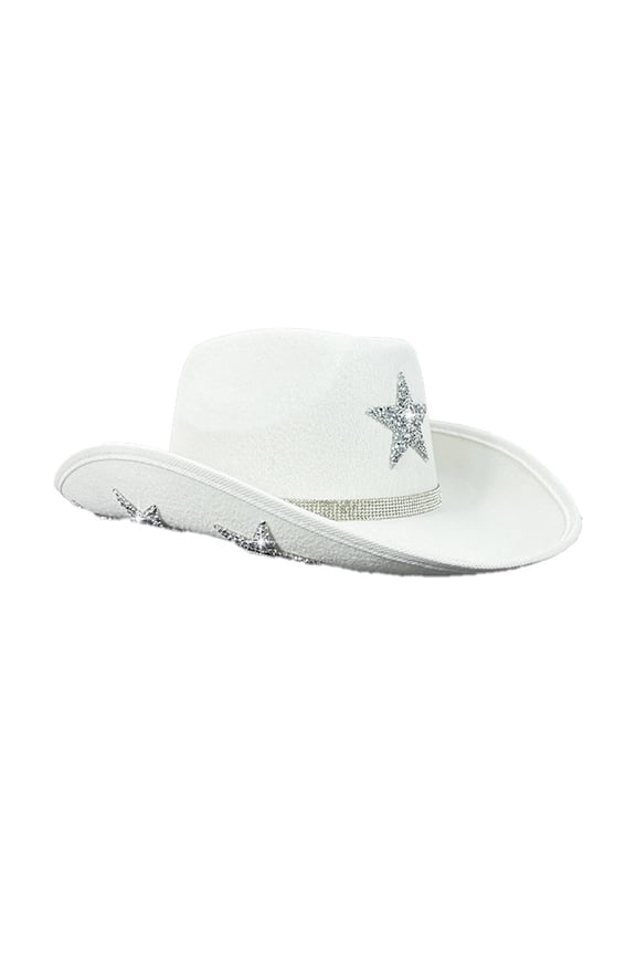 Rhinestones Star Top Hat for Women Men with Five Pointed Star Pattern Wide Brims Hat for Music Festival and Theme Event