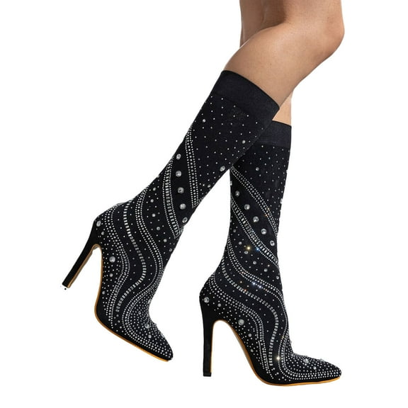 Rhinestones Stiletto Knee High Boots for Women Bride Wedding Glitter Fit Pull on Heel Pumps Dress Tall Boots