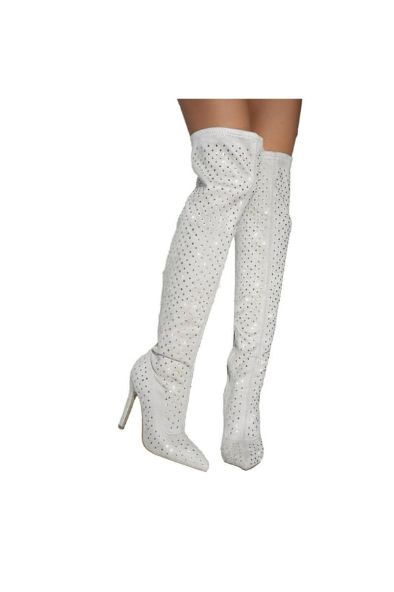 Rhinestones Stiletto Thigh High Boots for Women Bridal Sparkly High Heels Dress Tall Boots Christmas Wedding Party Favor