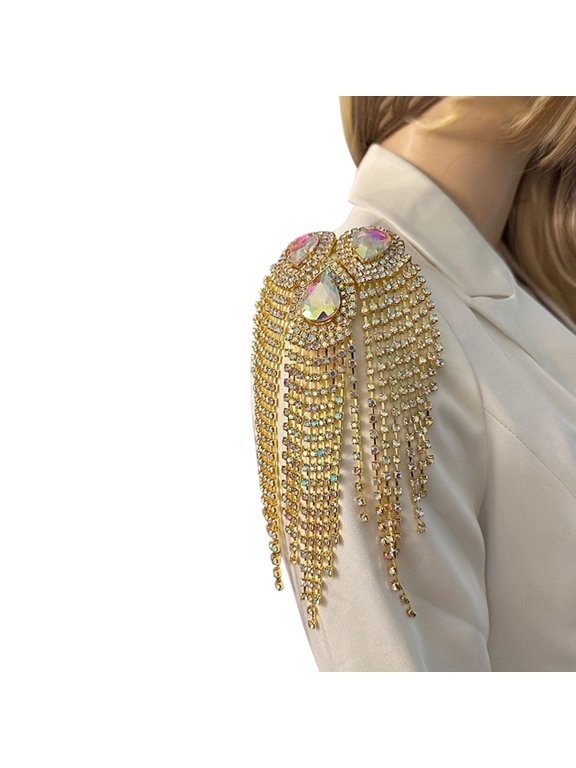 Rhinestones Studded Epaulettes Tassels Fringed Shoulder Epaulet For Evening Gown Cosplay Outfits Clothing Embellishment