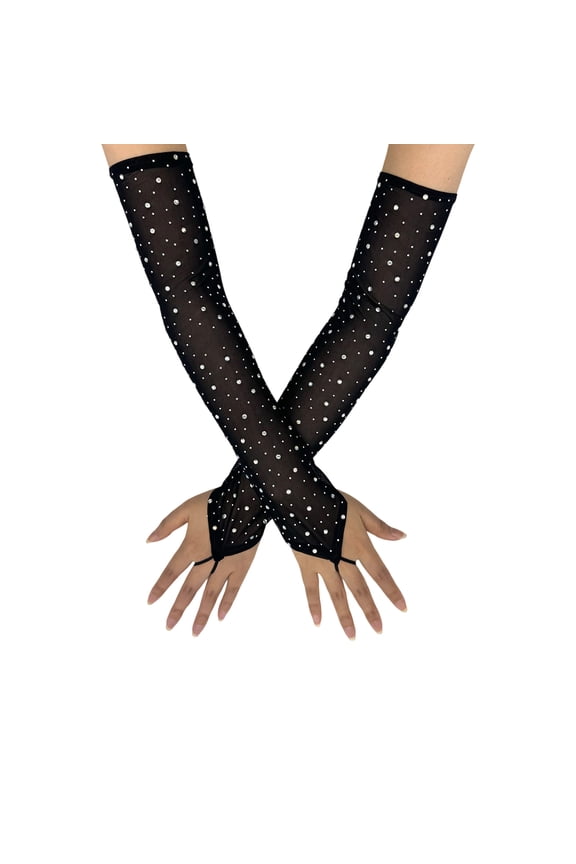 Rhinestones Studded Fingerless Gloves Stretchable Mesh Arm Sleeves TeaParty Costume Dance Performances Women Armwear