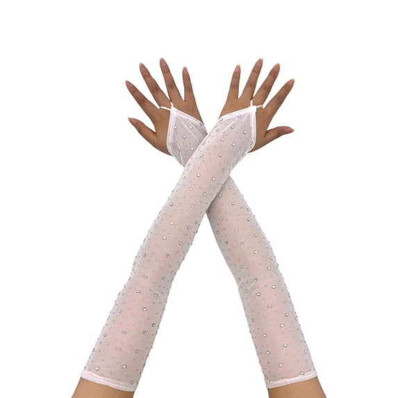 Rhinestones Studded Fingerless Gloves Stretchable Mesh Arm Sleeves TeaParty Costume Dance Performances Women Armwear