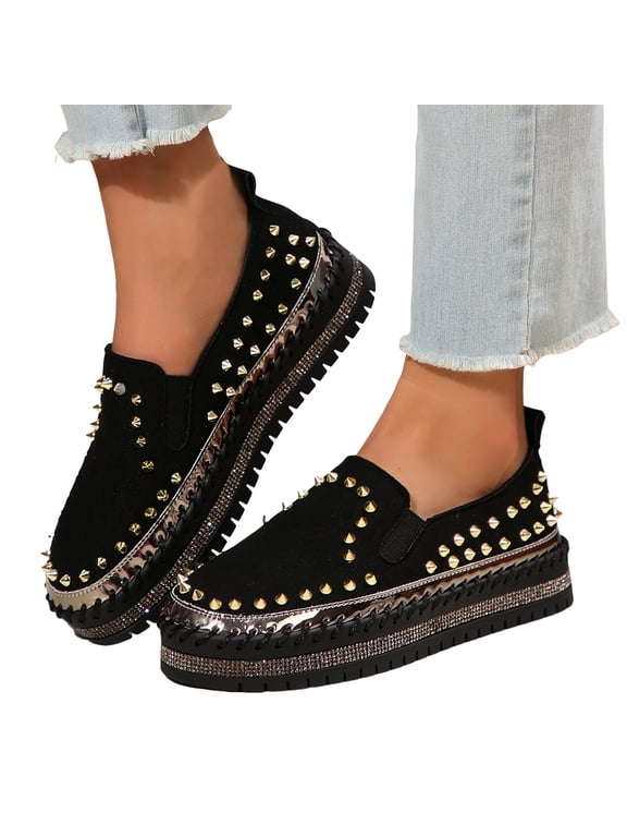 Rhinestones Studded Platform Fashion Sneakers Walking Shoes for Women Punk Sparkly Chunky Slip on Flatform Loafers