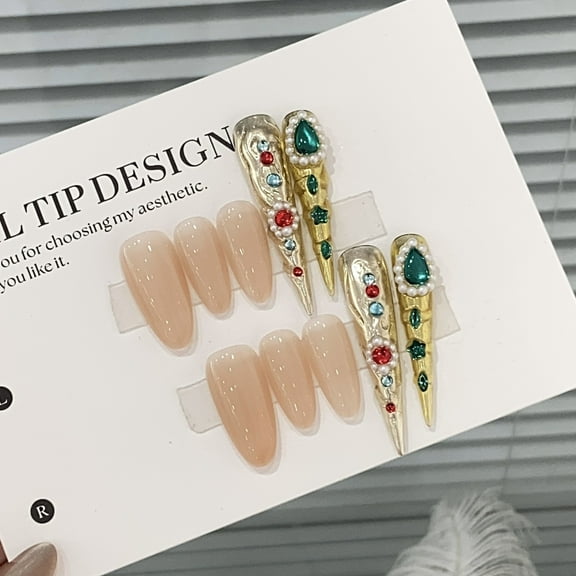 Rhinestones Vintage Retro Handmade Press on Nails for Women Unique Cool Beautiful Extra Long Stiletto Multicolor Fake Nails
