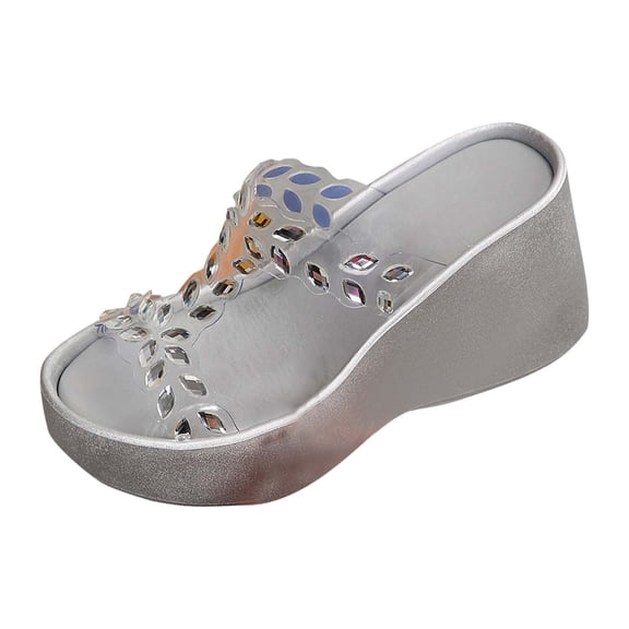 Rhinestones Wedges Heels for Women Dressy Sparkly Open Toe Strappy Platforms Arch Fit Beach Vacation Walking Sandals Silver Women Sandal