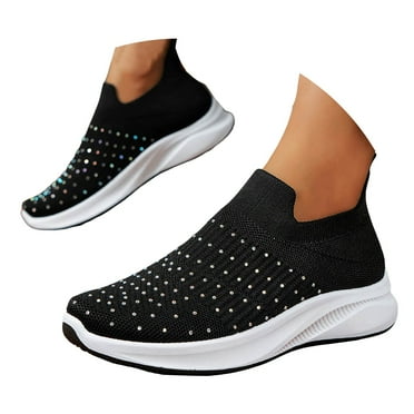 Rhinestones Womens Slip on Walking Shoes Non Slip Running Workout Sneakers Breathable Gym Work Shoes