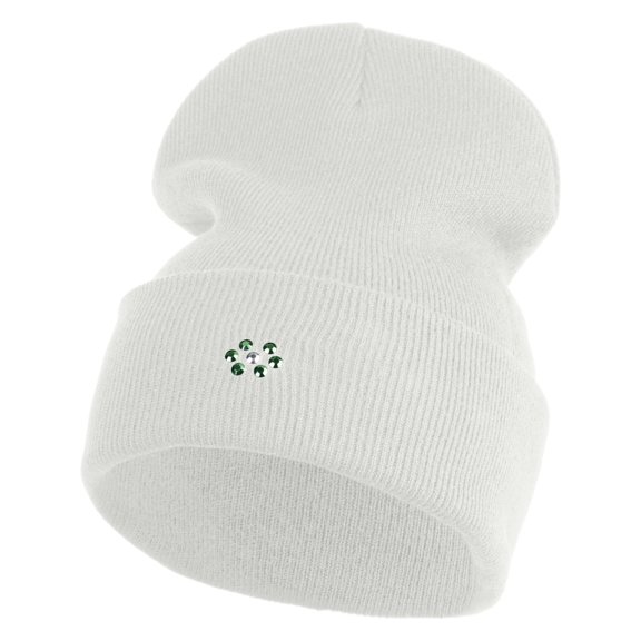 Rhinestud Hotfix Green Flower Iron On Glue Patch 12 Inch Long Knitted Beanie - White OSFM