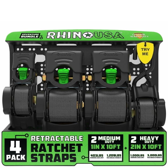 Rhino 4 Pack Retractable Straps - Includes 2 - 2"x10' and 2- 1"x10'