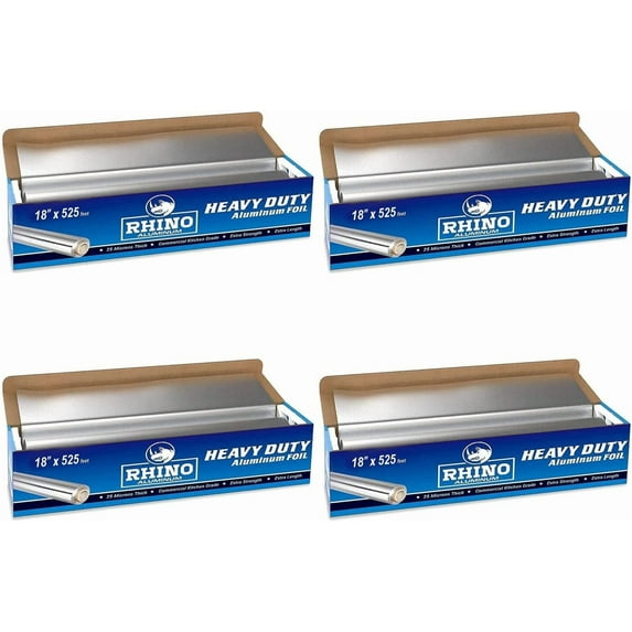 Rhino Aluminum Heavy Duty Aluminum Foil | Rhino 18 x 525 sf Roll, 25 Microns Thick | Commercial Grade & Extra Thick, Strong Enough for Food Service Industry (Pack of 4)