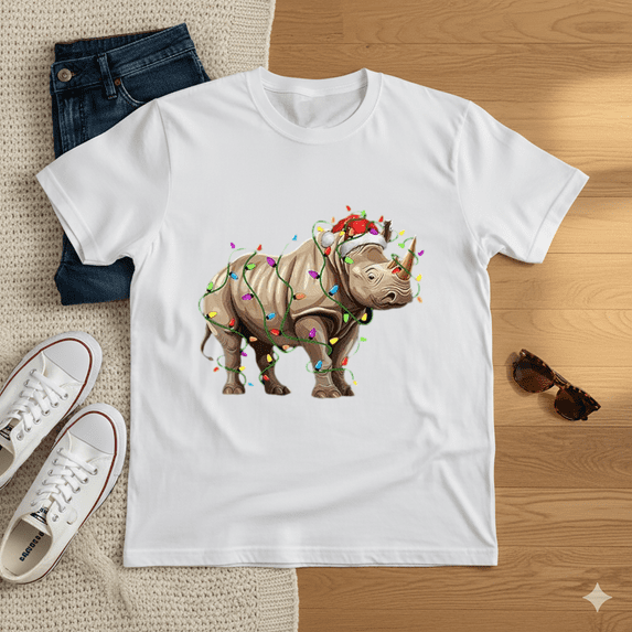 Rhino Christmas Tree Lighting Xmas Funny Holiday Unisex Tee up to Size 5XL