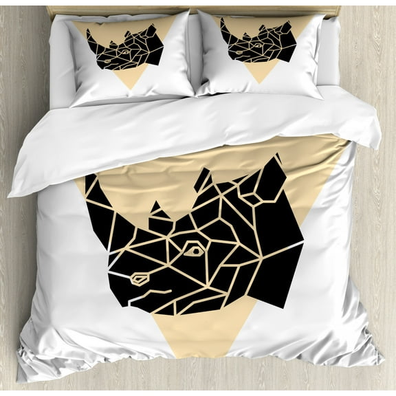Rhino Duvet Cover Set King Size, Angular Animal Motif with Triangle Background Modern Graphics, Decorative 3 Piece Bedding Set with 2 Pillow Shams, White Beige and Charcoal Grey, by Ambesonne