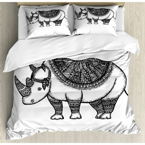 Rhino Duvet Cover Set Queen Size, Pencil Sketch Animal Motifs Hand Drawn Fauna Illustration African Wildlife, Decorative 3 Piece Bedding Set with 2 Pillow Shams, Charcoal Grey White, by Ambesonne