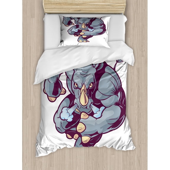 Rhino Duvet Cover Set Twin Size, Cartoon Anthropomorphic Mascot Running Forward Character in Greyscale, Decorative 2 Piece Bedding Set with 1 Pillow Sham, Blue Grey Beige Pale Blue, by Ambesonne