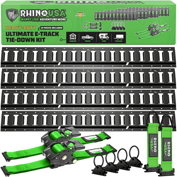 Rhino USA Retractable E-Track Tie-Down Ratcheting 12 Piece Starter Kit with Rails and Accessories