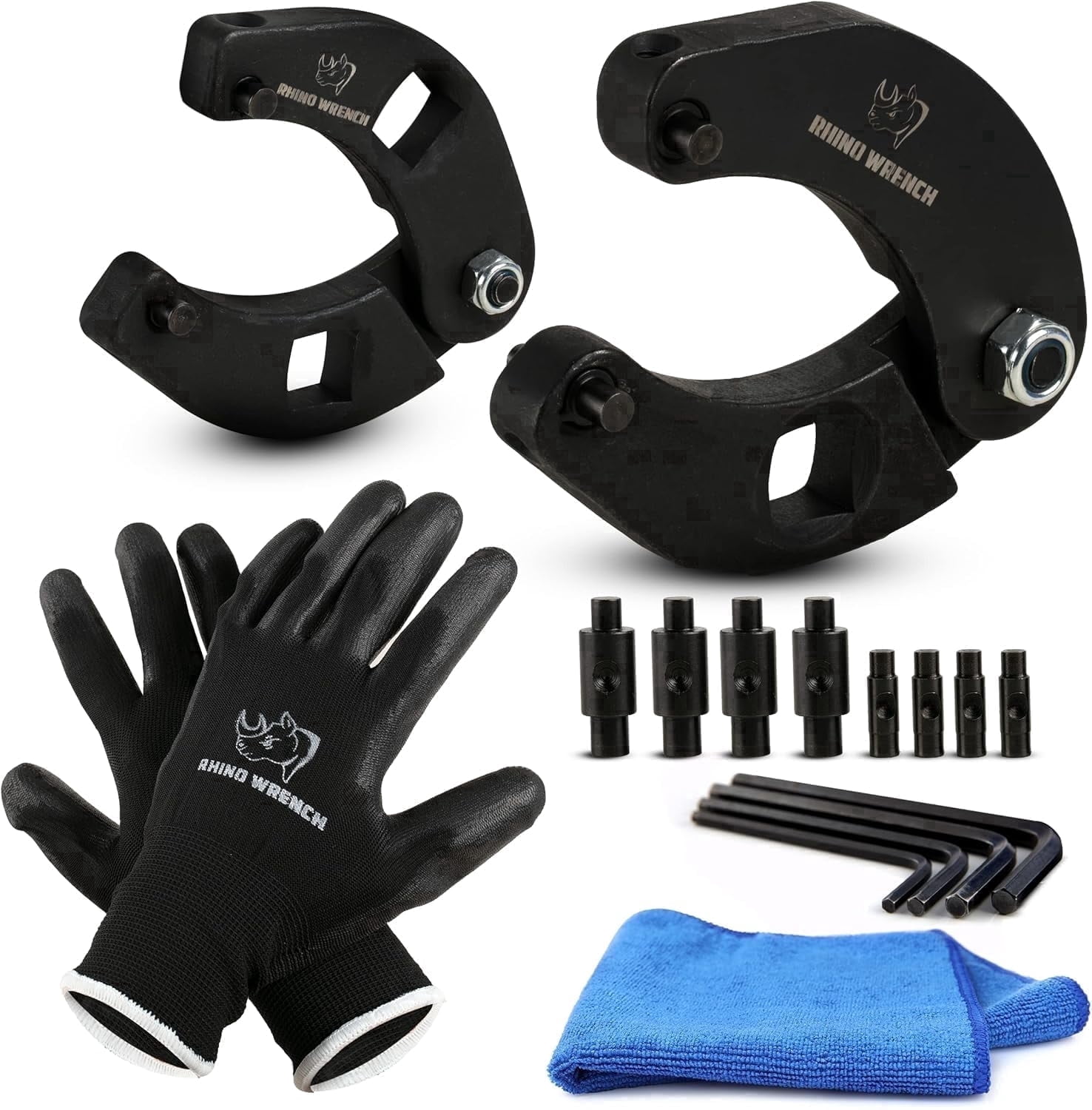 Rhino Gland Nut Wrench Set, 2-Piece Adjustable Hydraulic Cylinder Spanner Wrench Kit w/ Gloves, Microfiber Towel, Pins & Allen Wrenches