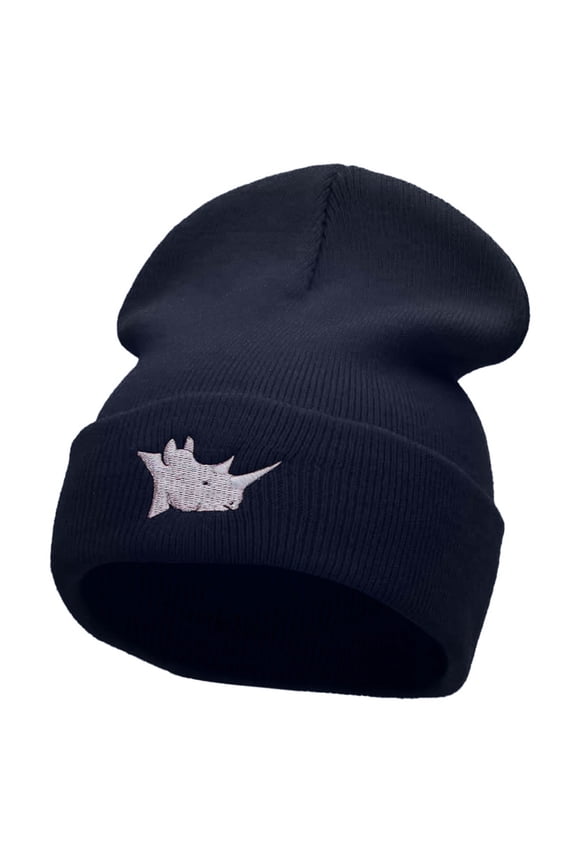 Rhino Head Embroidered 12 Inch Long Knitted Beanie - Navy OSFM