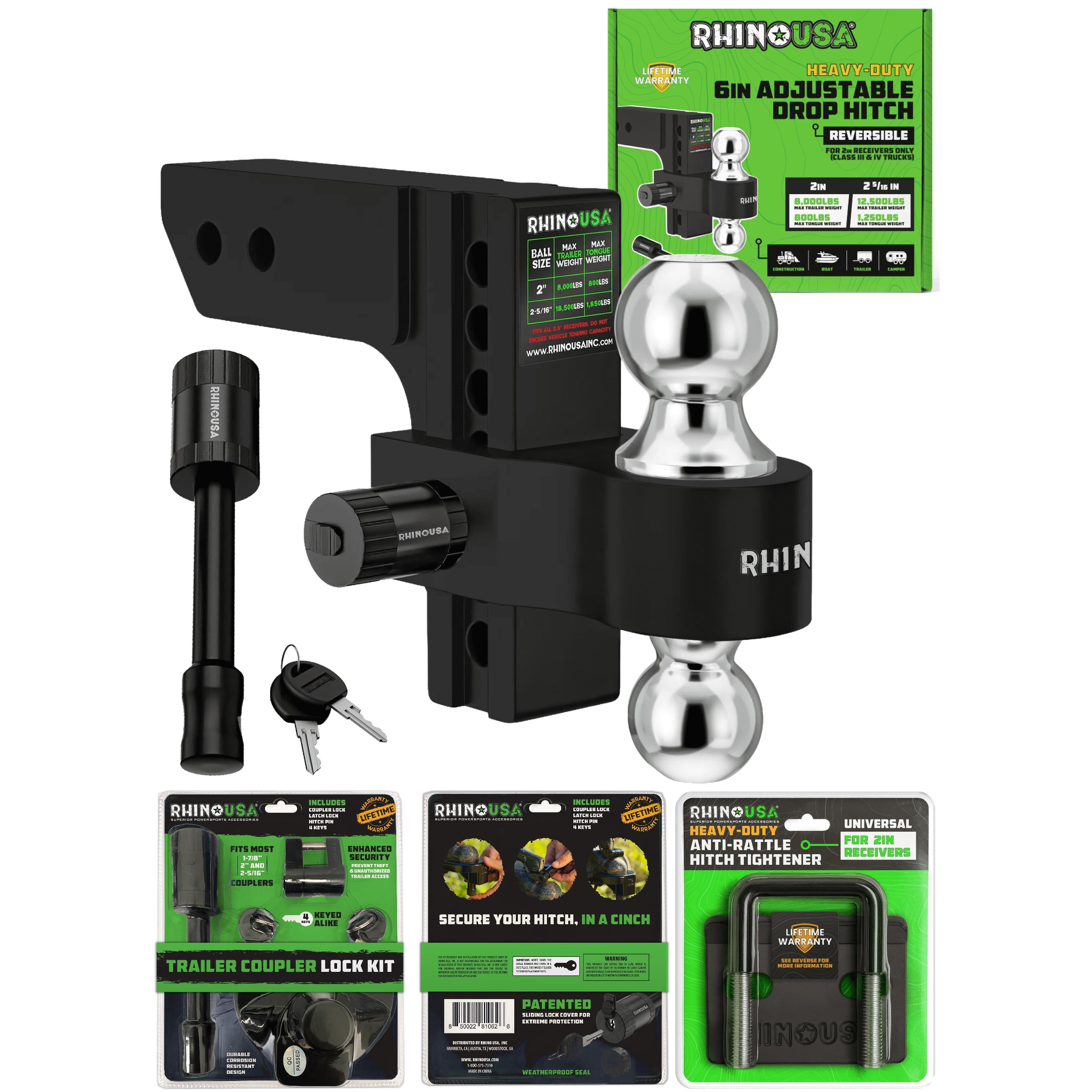Rhino Heavy Duty 6" Drop Hitch 2" Receiver - Coupler Lock and Anti Rattle Hitch Tightener Set