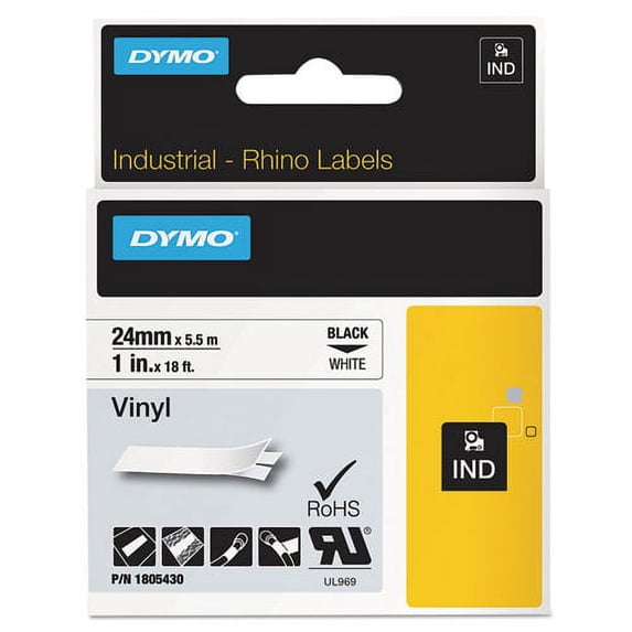 Rhino Permanent Vinyl Industrial Label Tape, 1" X 18 Ft, White/black Print | Bundle of 2 Rolls