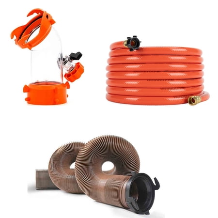 Rhino RV Sewer Hose Kit with Clear Adapter, 25 ft, Orange, Durable PVC, Standard Thread Compatible, With 15FT RV Waste Hose, and 3" Rigid Hitch Logo Decal