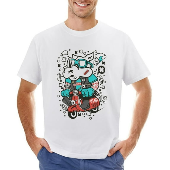 Rhino Scooterist Vintage T-shirt Mens Cotton Classic Crewneck Short Sleeve Tees Unisex White L