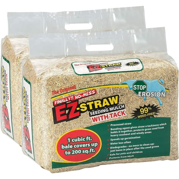 Rhino Seed EZ Straw 1 Cubic Foot Seeding Mulch Premium Processed Straw Bale with Tackifier and 200 Square Feet of Coverage 2 Pack