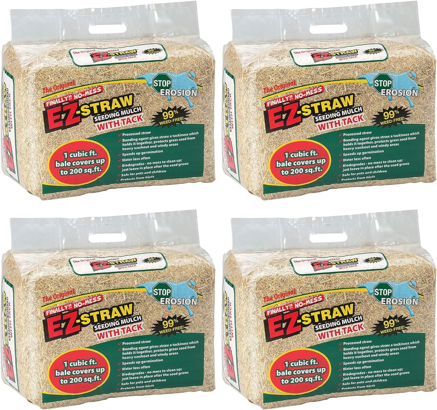 Rhino Seed EZ Straw 1 Cubic Foot Seeding Mulch Premium Processed Straw Bale with Tackifier and 200 Square Feet of Coverage 4 Pack