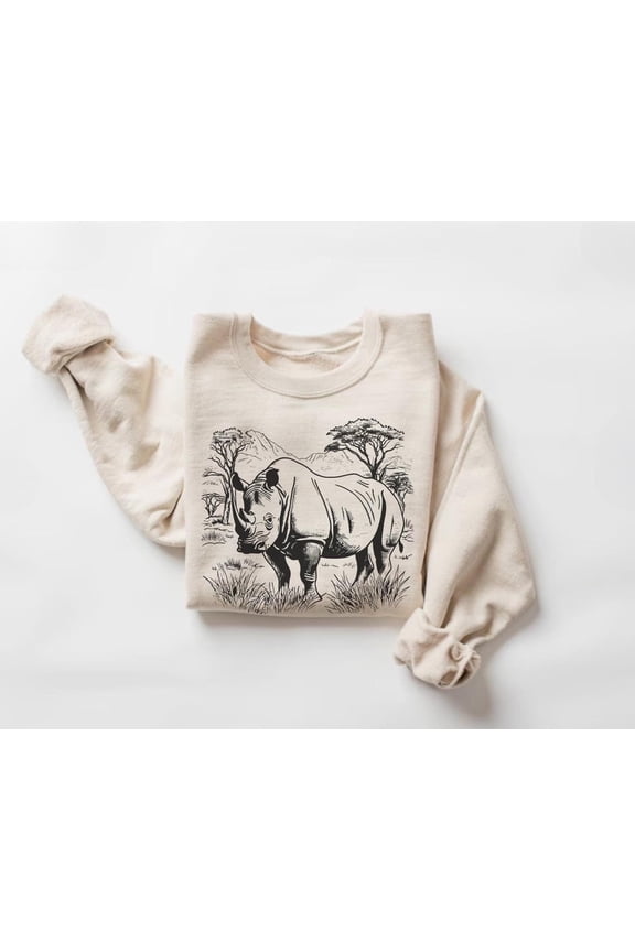 Rhino Sweatshirt, Retro Wildlife Lover Sweater, African Landscape Crewneck, Safari Animal Graphic Pullover, Nature Lover 498 Tshirt All Size S-5XL