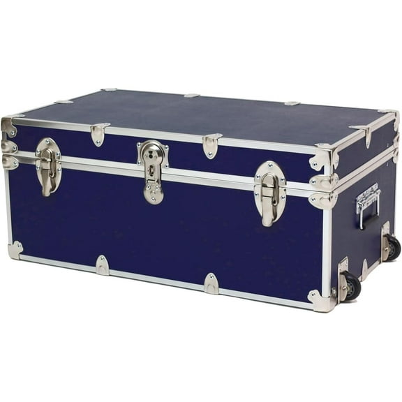 Rhino Trunk & Case Large Essential College Trunk with Wheels - Secure Dorm Storage Chest - Ideal Footlocker for Students - Strong Trunks with 1000+ Pound Sitting Capacity 32"x18"x14" (Navy Blue)