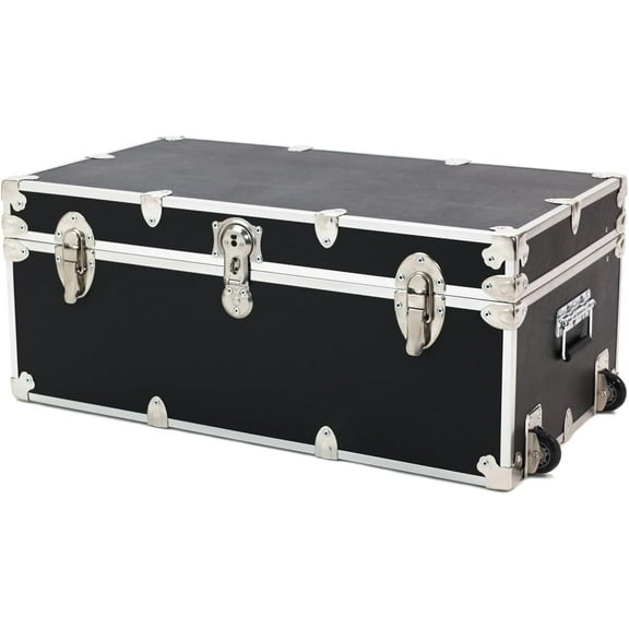 Rhino Trunk & Case Large Essential College Trunk with Wheels - Secure Dorm Storage Chest - Ideal Footlocker for Students - Strong Trunks with 1000+ Pound Sitting Capacity 32"x18"x14" (Black)